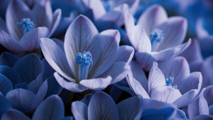 A close up of a bunch of flowers that are blue, AI