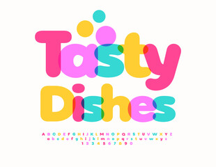 Vector colorful advertisement Tasty Dishes. Creative Bright Font. Decorative Alphabet Letters and Numbers set.