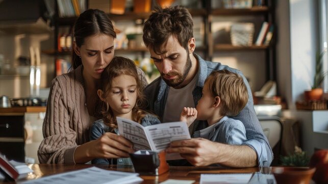 A family in financial distress at an auction, holding an empty wallet and foreclosure documents