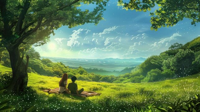 A couple sitting on a picnic blanket in lush green fields, with rolling hills and fluffy clouds overhead, ideal for a peaceful wallpaper