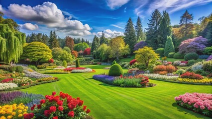 Obraz premium Vibrant green lawn surrounded by blooming flowers, lush shrubs, and ornate garden decorations under a sunny blue sky.