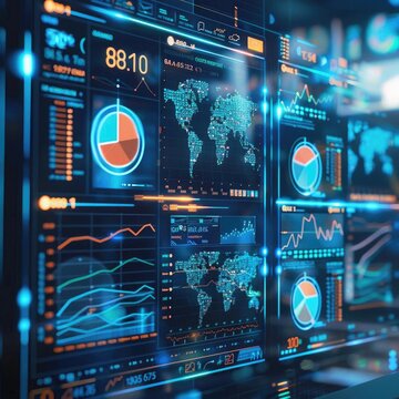 Big data screen with financial graphs and 3D economic growth, virtual fintech dashboard, digital marketing, global economy visualization