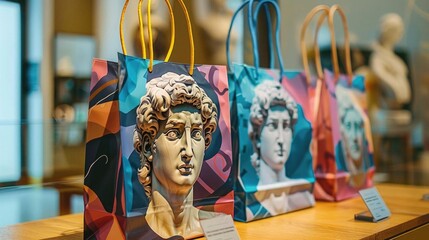 Artistic shopping bags featuring famous sculpture prints, placed in a stylish museum gift shop