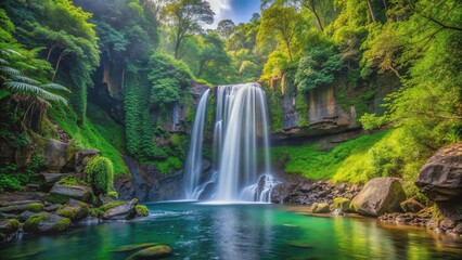 Fototapeta premium A serene, secluded waterfall cascades down rocky cliffs, surrounded by lush, vibrant foliage in a dense, emerald forest setting.