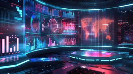 3D virtual fintech dashboard with big data analysis, economic growth charts, financial graphs, digital marketing and global economy concept
