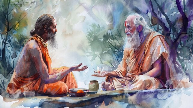 Watercolor illustration for Guru Purnima with sage and. disciple.