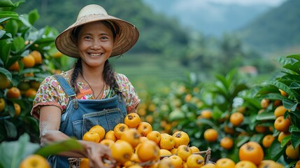 Joyful farmer in Southeast Asia picking fruits in an orchard surrounded by nature's beauty capturing the joy of a bountiful harvest realistic photo, high resolution , Minimalism,