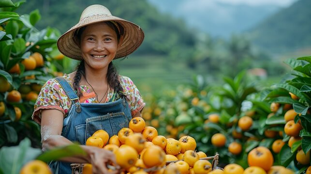 Joyful farmer in Southeast Asia picking fruits in an orchard surrounded by nature's beauty capturing the joy of a bountiful harvest realistic photo, high resolution , Minimalism,