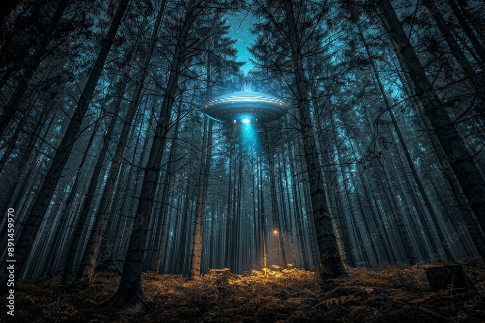 Aufkleber Unidentified flying object hovering over illuminated forest clearing