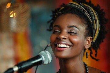 Black female singer performing with microphone smiling