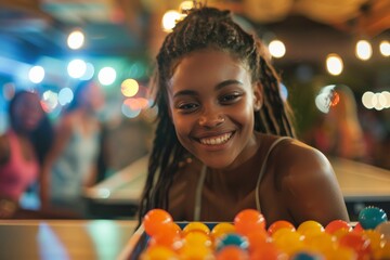 Young woman smiling and playing games at a bar with friends