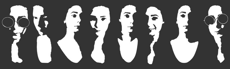 Set of stickers with faces. Stickers with different emotions. The positions of the face. Halftone silhouettes. Icons for messages, Halloween greetings and atmosphere creation, website, avatar. Vector