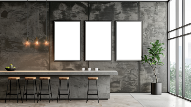 Triple Vertical digital Poster Mockup background in Sleek Modern Interior