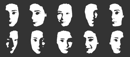 Monochrome set of stickers with faces. Stickers with different emotions and facial positions. Icons for messages, Halloween greetings and creating a special atmosphere, websites, avatars. Vector