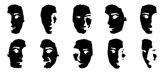 Monochrome set of stickers with faces. Stickers with different emotions and facial positions. Icons for messages, Halloween greetings and creating a special atmosphere, websites, avatars. Vector