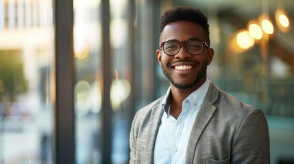 Fototapeta premium Young professional in business casual attire, modern office background, confident and approachable demeanor, bright and professional