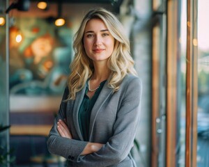 Obraz premium Young businesswoman in smart casual attire, working in a trendy office, confident and approachable, modern and detailed setting