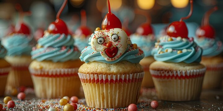 Cupcakes with clown faces on top, perfect for a fun and festive celebration. - Powered by Adobe