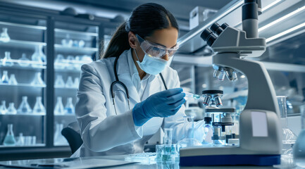 Medical bio laboratory, Research, Science test technology. Pharmaceutical lab specialist examines medicine vials, hospital patient samples. Medical student conducts research. Realistic style photo