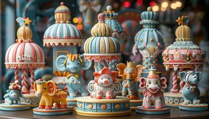 Naklejka premium Colorful animal figurines in a group, including elephants, giraffes, and lions.