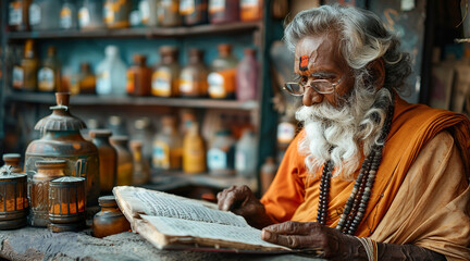 Old Indian man reading ancient Ayurvedic book