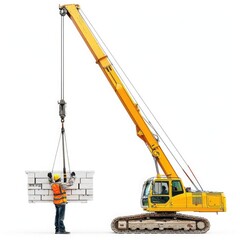 Sharp photograph of a crane operator lifting heavy materials at a construction site, isolated on white background