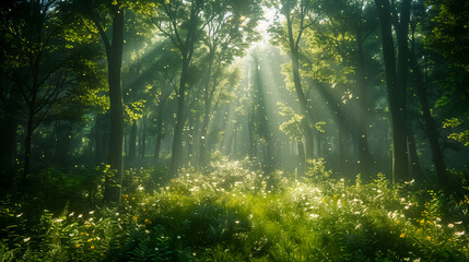 Dappled sunlight through forest canopy, nature background