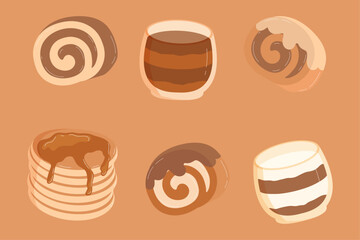Rolls, pancakes, dessert in a glass