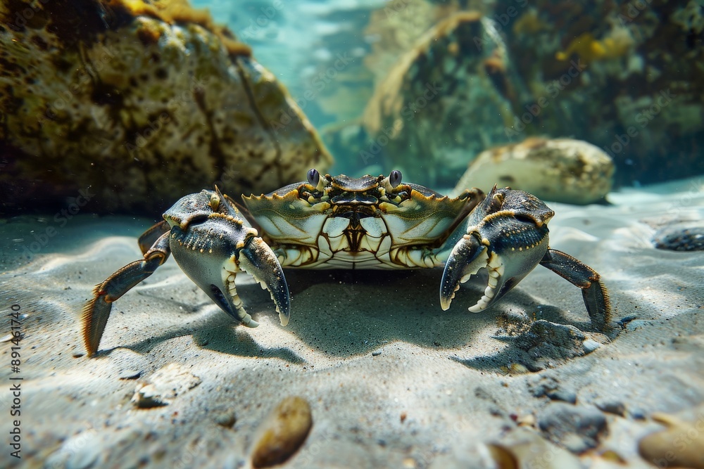 Poster Large crab standing on ocean floor with claws open