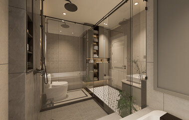 3D Rendering modern master bathroom full scene interior design.	