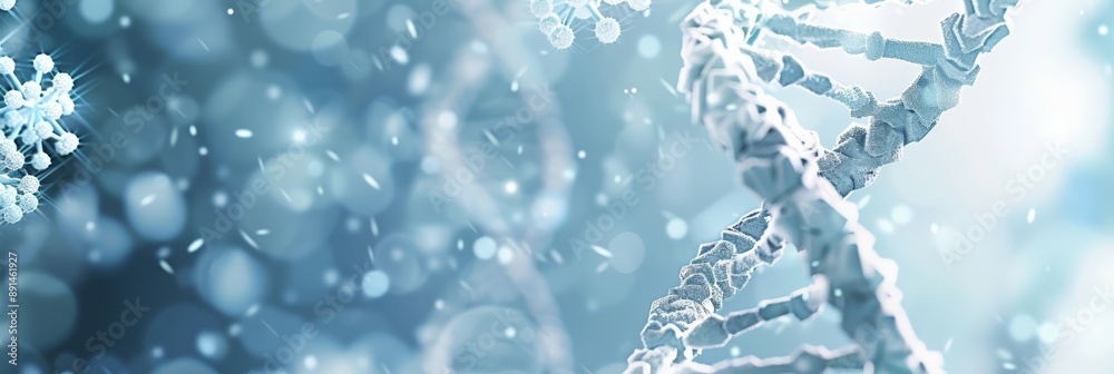Poster close-up of a blue dna strand with dark background and bokeh lights. advanced genetic research and b