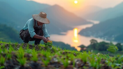 Joyful rice farmer in Southeast Asia transplanting seedlings in a verdant paddy field under the morning light capturing the spirit of farming realistic photo, high resolution , Minimalism,
