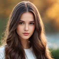 Fototapeta premium Brunette girl with long and shiny wavy hair . Beautiful model with straight hairstyle .