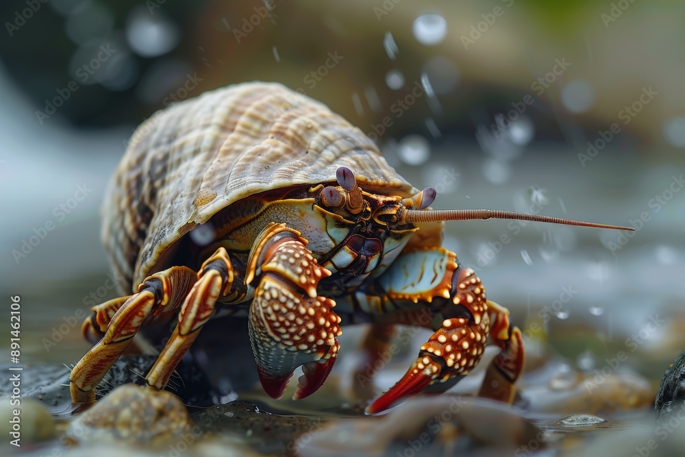 Aufkleber hermit crab emerging from shell on rocks near water