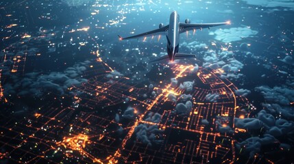 Aerial view of an airplane flying over the deep ocean, illuminating the city grids below