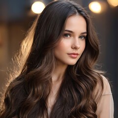 Naklejka premium Brunette girl with long and shiny wavy hair . Beautiful model with straight hairstyle .