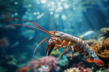 Lobster swimming in aquarium with coral reef