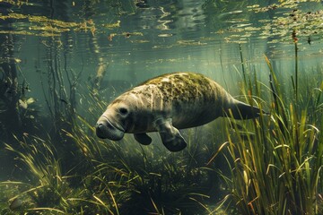 Fototapeta premium West indian manatee swimming through seagrass in florida