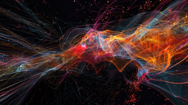 An abstract visualization of big data streams, complex graphs, and digital interfaces representing AI data processing. Generative AI