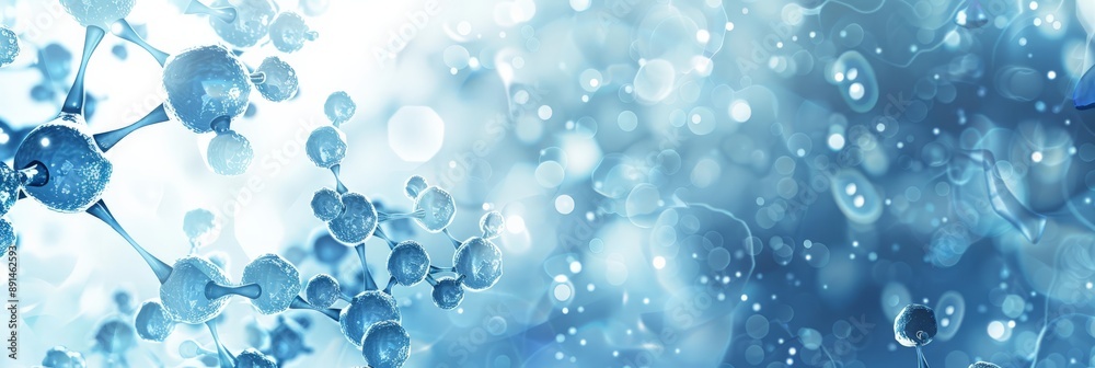 Poster abstract molecular structure with bokeh effects in light blue tones, representing scientific researc