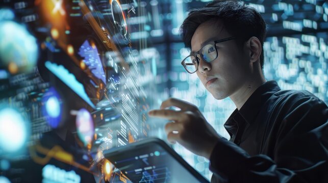 Asian men using digital tablet computer analyzing and developing software on the futuristic virtual interface screen. Algorithm, big data analysis and management, data visualization
