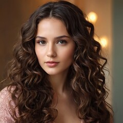 Fototapeta premium Brunette girl with long and shiny wavy hair . Beautiful model with curly hairstyle .