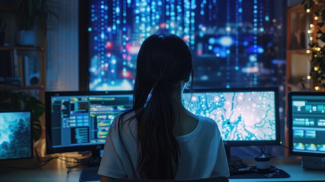 Back view of a young Asian woman working as a freelance home as an IT technician working on an artificial intelligence project and a coding programmer for big data mining and AI data engineering
