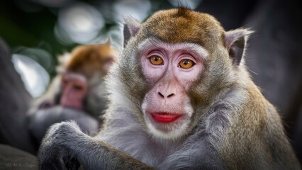 Obraz premium A close up of a monkey with its tongue out and another one, AI