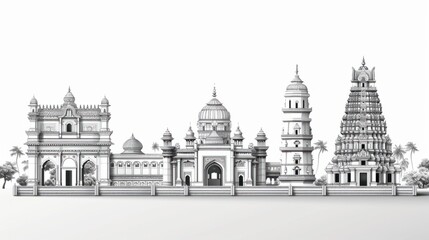 Obraz premium Black and white illustration with iconic landmarks for tamil nadu day.