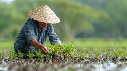 Picture of an enthusiastic rice farmer in Asia with a conical hat transplanting rice seedlings in a lush paddy field showcasing cultural farming practices realistic photo, high resolution ,