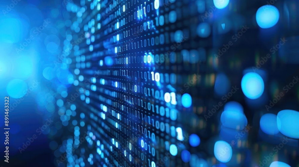 Poster blue digital binary data on computer screen background