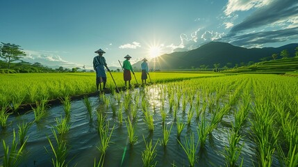 Fototapeta premium Joyful farmers in Southeast Asia plowing a rice field with traditional tools under the open sky showcasing the heritage of rice farming realistic photo, high resolution , Minimalism,