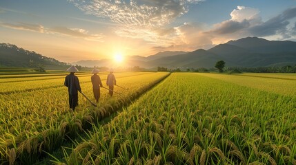 Fototapeta premium Joyful farmers in Southeast Asia plowing a rice field with traditional tools under the open sky showcasing the heritage of rice farming realistic photo, high resolution , Minimalism,