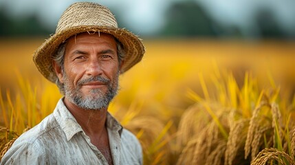Fototapeta premium Happy rice farmer in Southeast Asia standing amidst golden rice plants ready for harvest capturing the culmination of months of hard work realistic photo, high resolution , Minimalism,